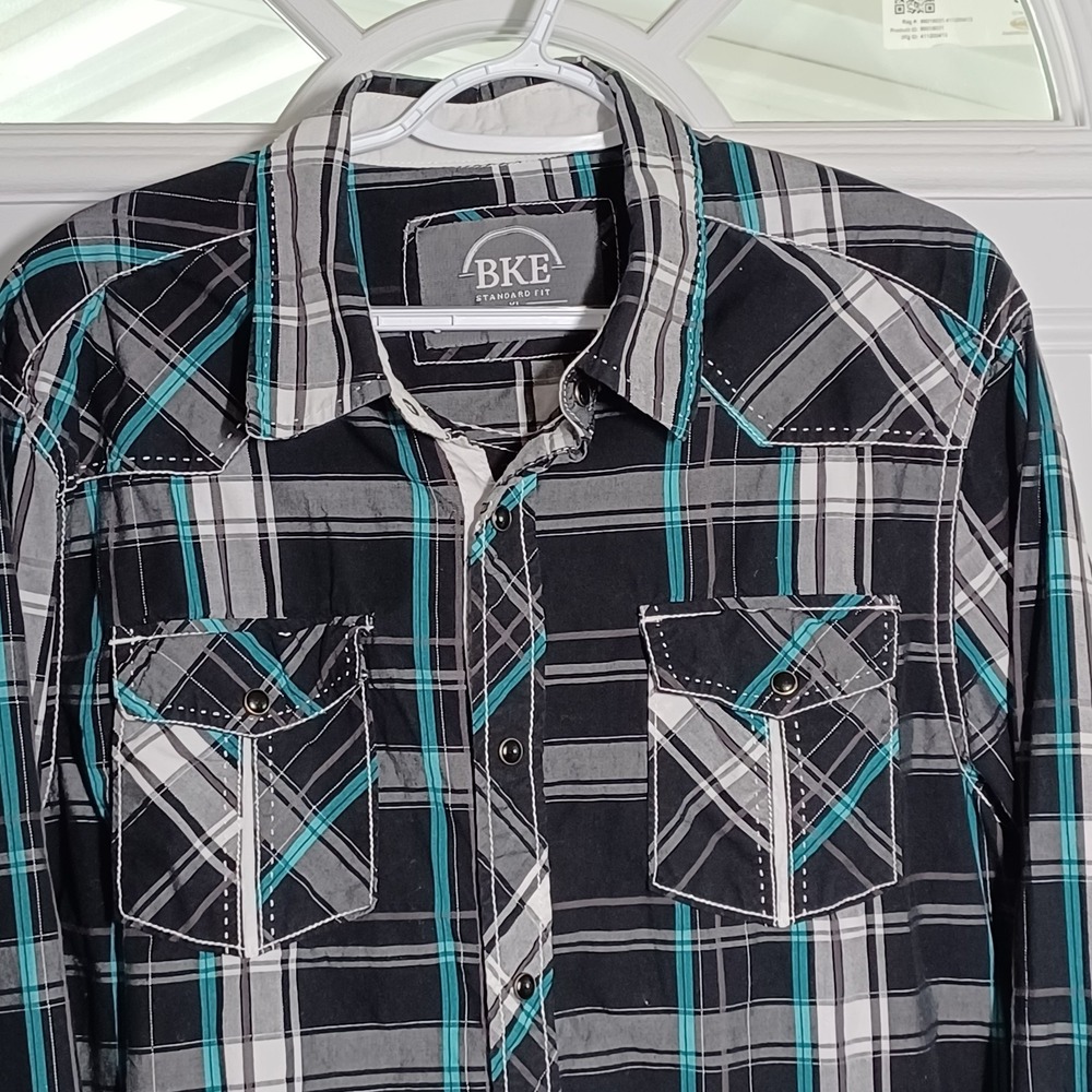 BKE Pearl Snap Button Front Shirt Black Teal Gray Plaid Std Fit XL Western Biker